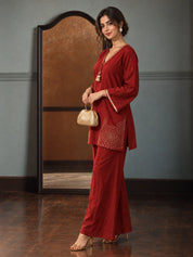 Orange Gold Embroidered Tassel Detail Co-ord Set in Muslin