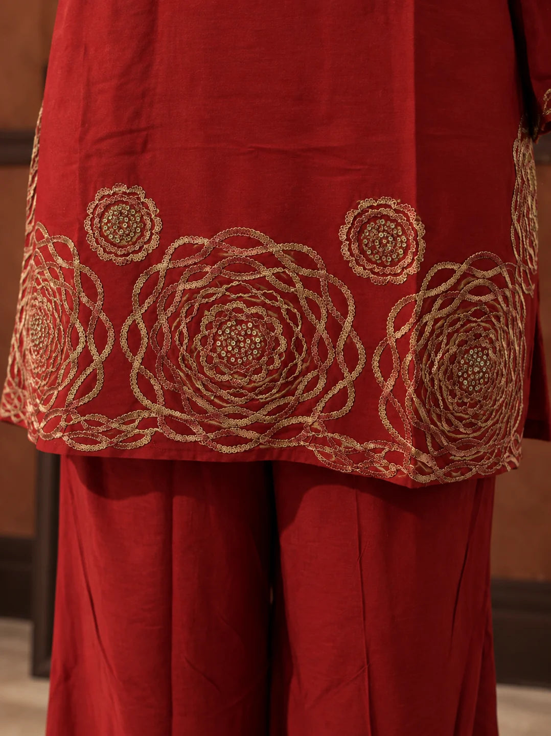 Orange Gold Embroidered Tassel Detail Co-ord Set in Muslin