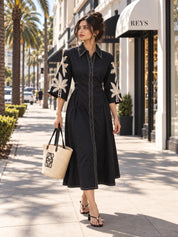 Black Floral Embroidered Belted Shirt Dress in Cotton Poplin