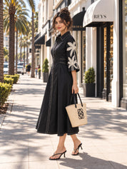 Black Floral Embroidered Belted Shirt Dress in Cotton Poplin