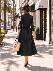 Black Floral Embroidered Belted Shirt Dress in Cotton Poplin