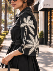 Black Floral Embroidered Belted Shirt Dress in Cotton Poplin