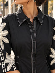 Black Floral Embroidered Belted Shirt Dress in Cotton Poplin