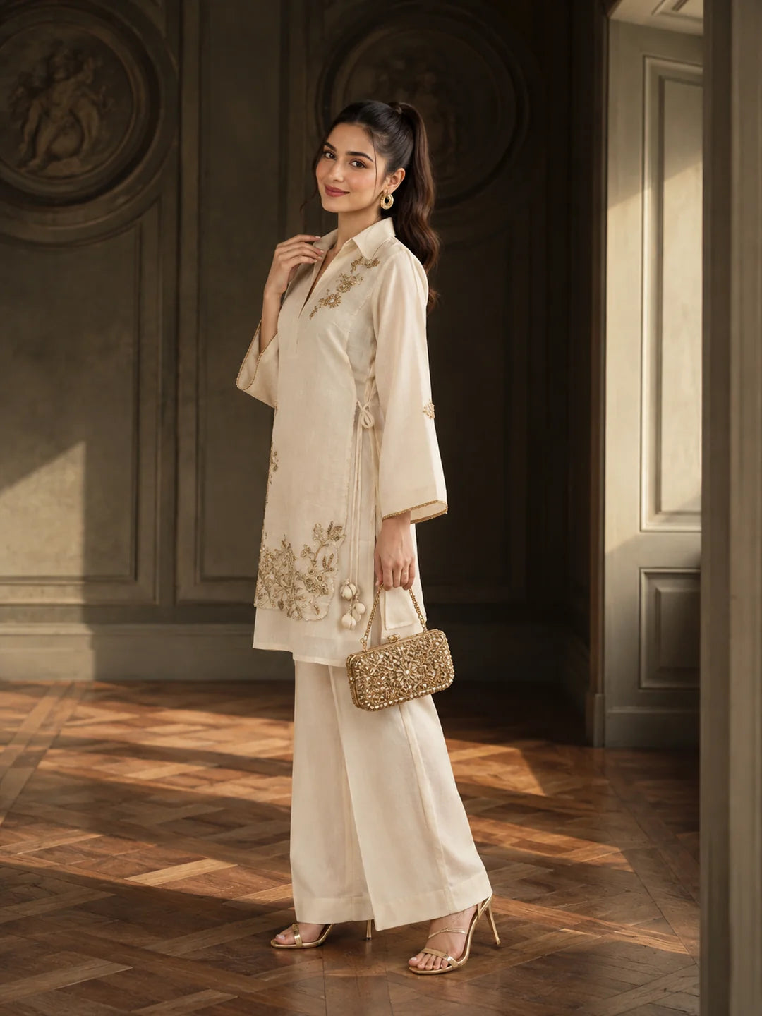 Off White Floral Appliqué Tie-Up 3 Piece Co-ord Set in Mul Chanderi