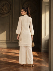 Off White Floral Appliqué Tie-Up 3 Piece Co-ord Set in Mul Chanderi