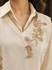 Off White Floral Appliqué Tie-Up 3 Piece Co-ord Set in Mul Chanderi