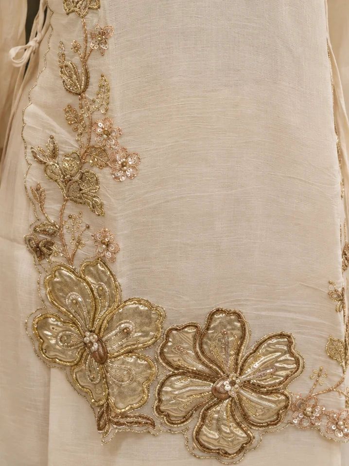 Off White Floral Appliqué Tie-Up 3 Piece Co-ord Set in Mul Chanderi