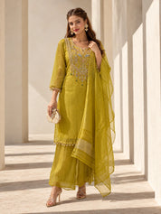 Mustard Yellow Embroidered Yoke Kurta Set with Dupatta in Salsa Tissue