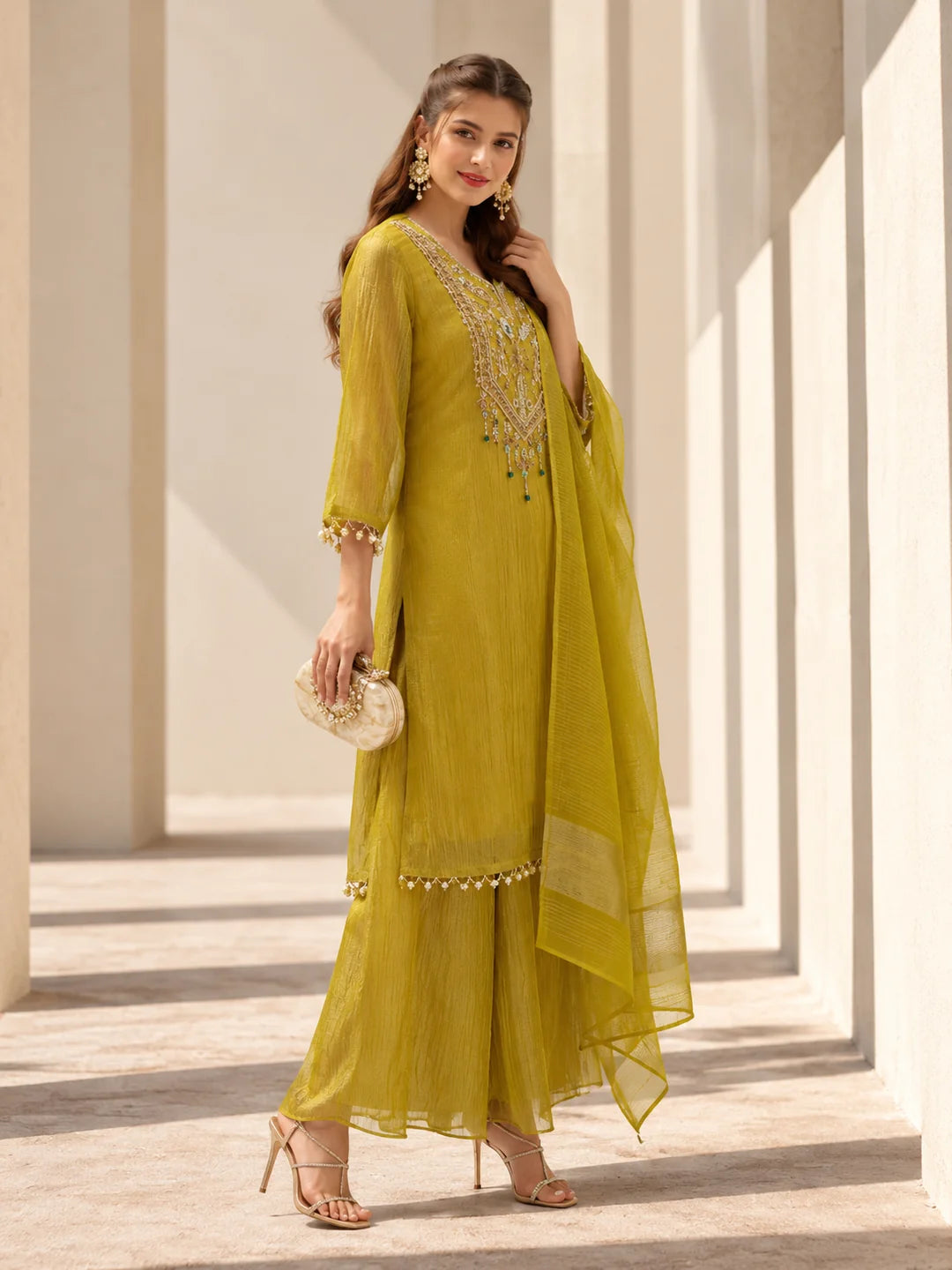 Mustard Yellow Embroidered Yoke Kurta Set with Dupatta in Salsa Tissue