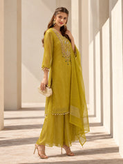 Mustard Yellow Embroidered Yoke Kurta Set with Dupatta in Salsa Tissue