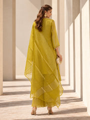 Mustard Yellow Embroidered Yoke Kurta Set with Dupatta in Salsa Tissue