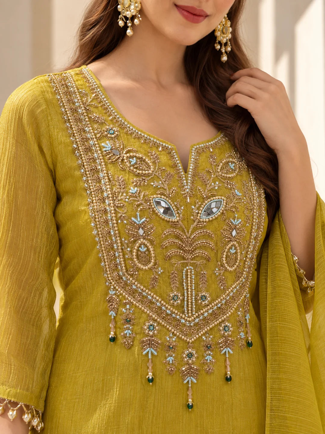 Mustard Yellow Embroidered Yoke Kurta Set with Dupatta in Salsa Tissue