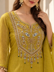 Mustard Yellow Embroidered Yoke Kurta Set with Dupatta in Salsa Tissue