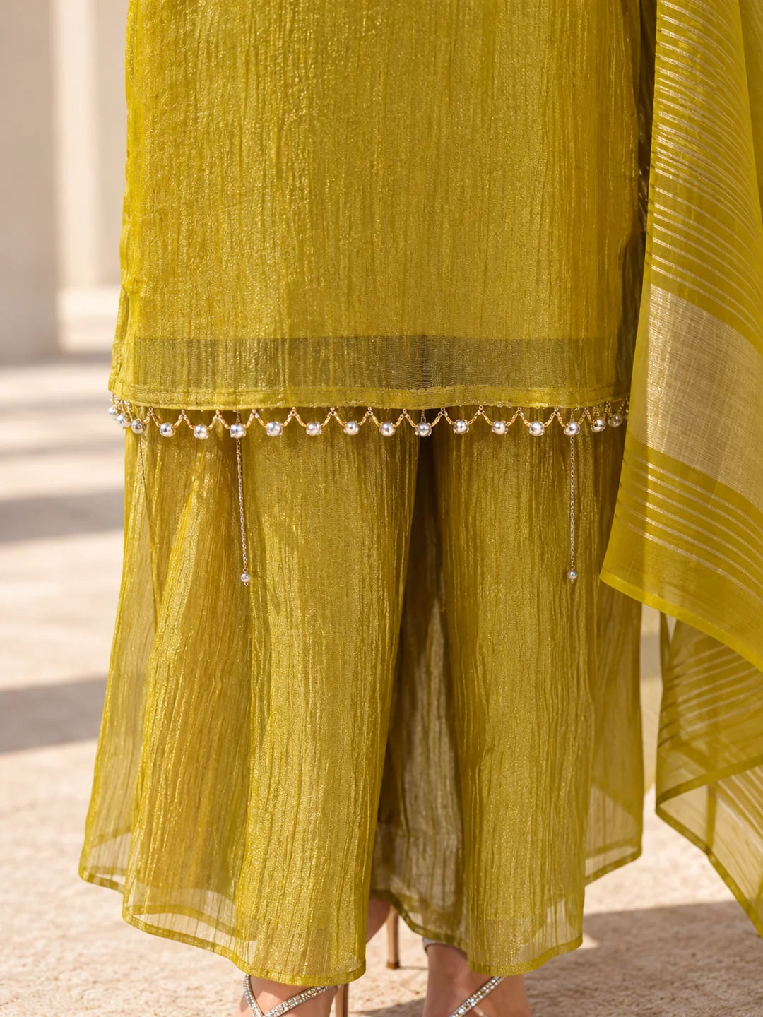 Mustard Yellow Embroidered Yoke Kurta Set with Dupatta in Salsa Tissue