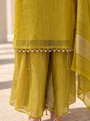 Mustard Yellow Embroidered Yoke Kurta Set with Dupatta in Salsa Tissue