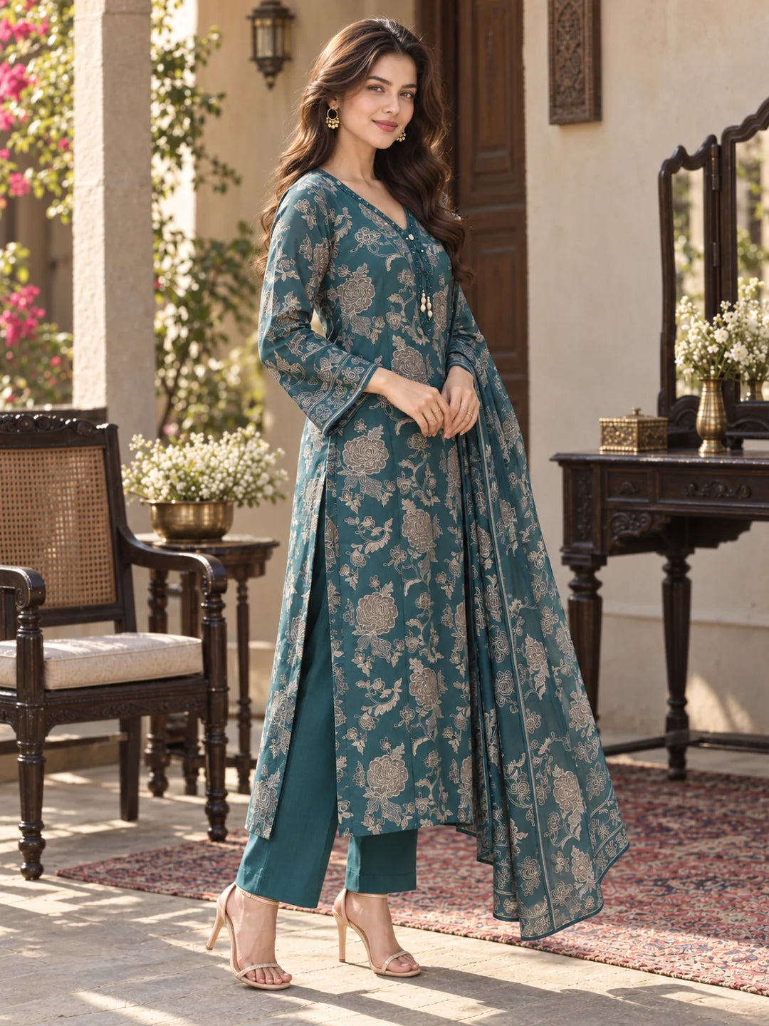 Peacock Green Mirror & Sequin Floral Jaal Kurta Set with Dupatta in Vatican
