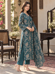 Peacock Green Mirror & Sequin Floral Jaal Kurta Set with Dupatta in Vatican