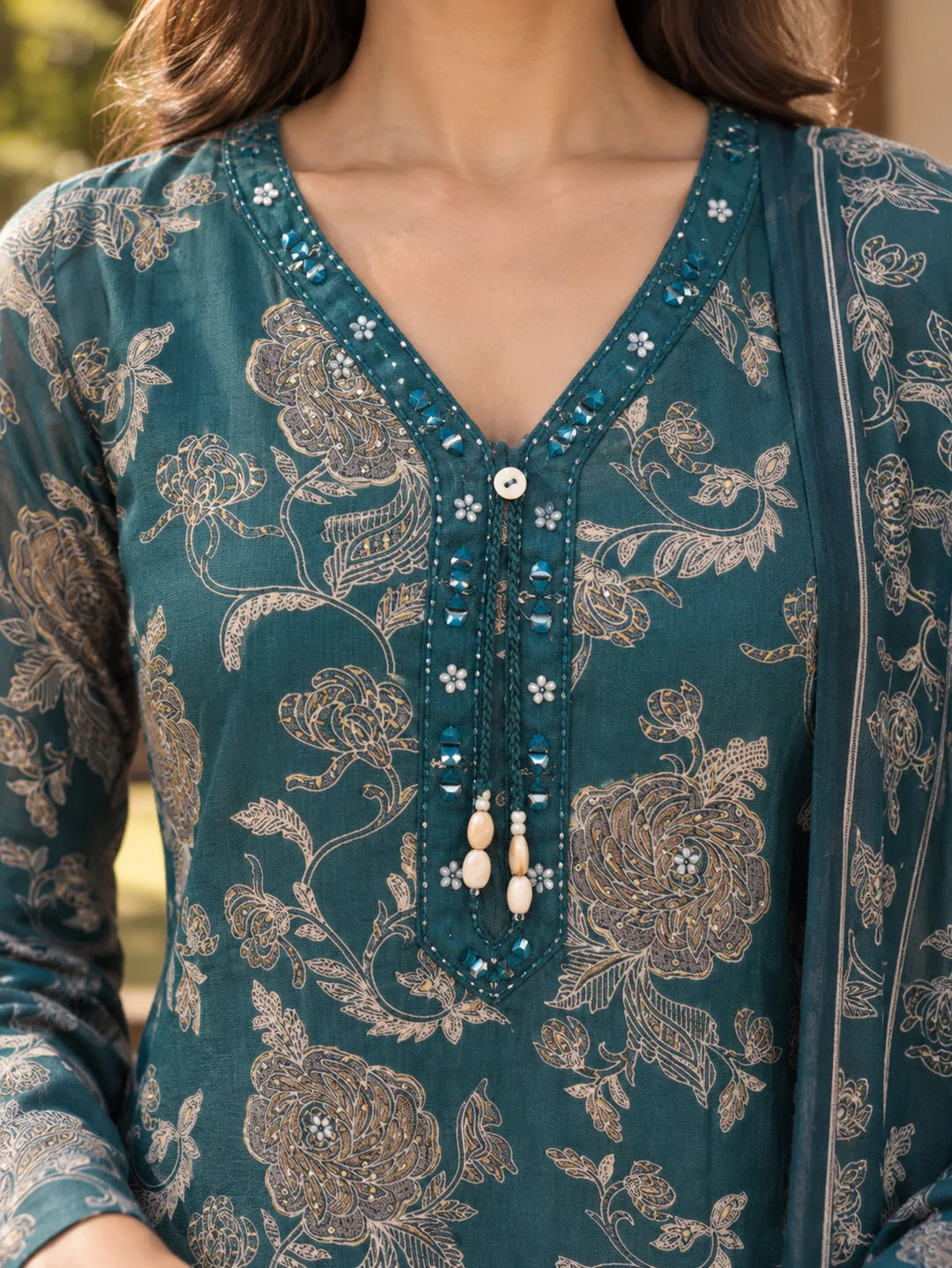 Peacock Green Mirror & Sequin Floral Jaal Kurta Set with Dupatta in Vatican
