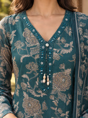Peacock Green Mirror & Sequin Floral Jaal Kurta Set with Dupatta in Vatican