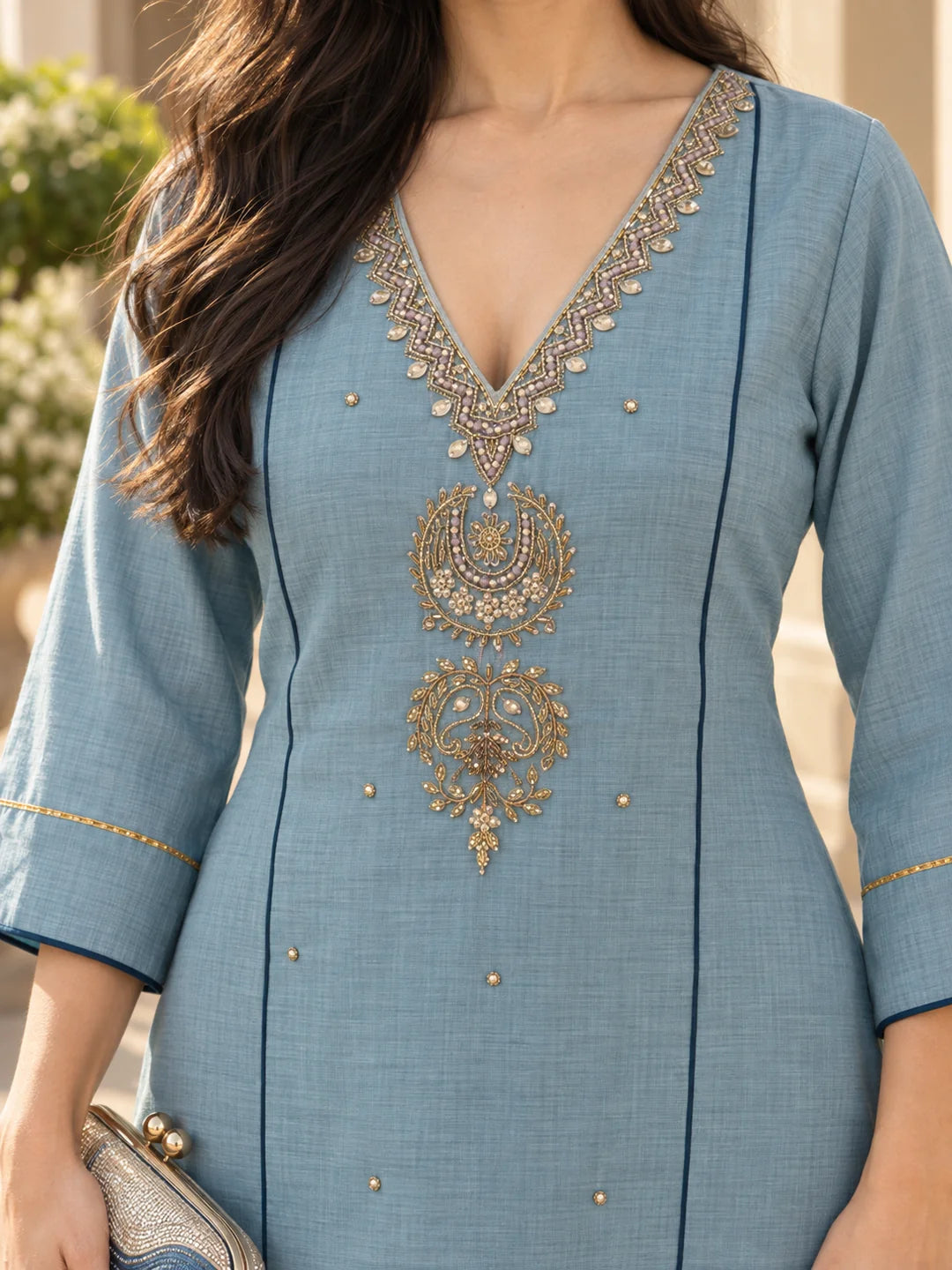 Sky Blue Gota Patti & Sequin Embroidered Co-ord Set in Mul Chanderi