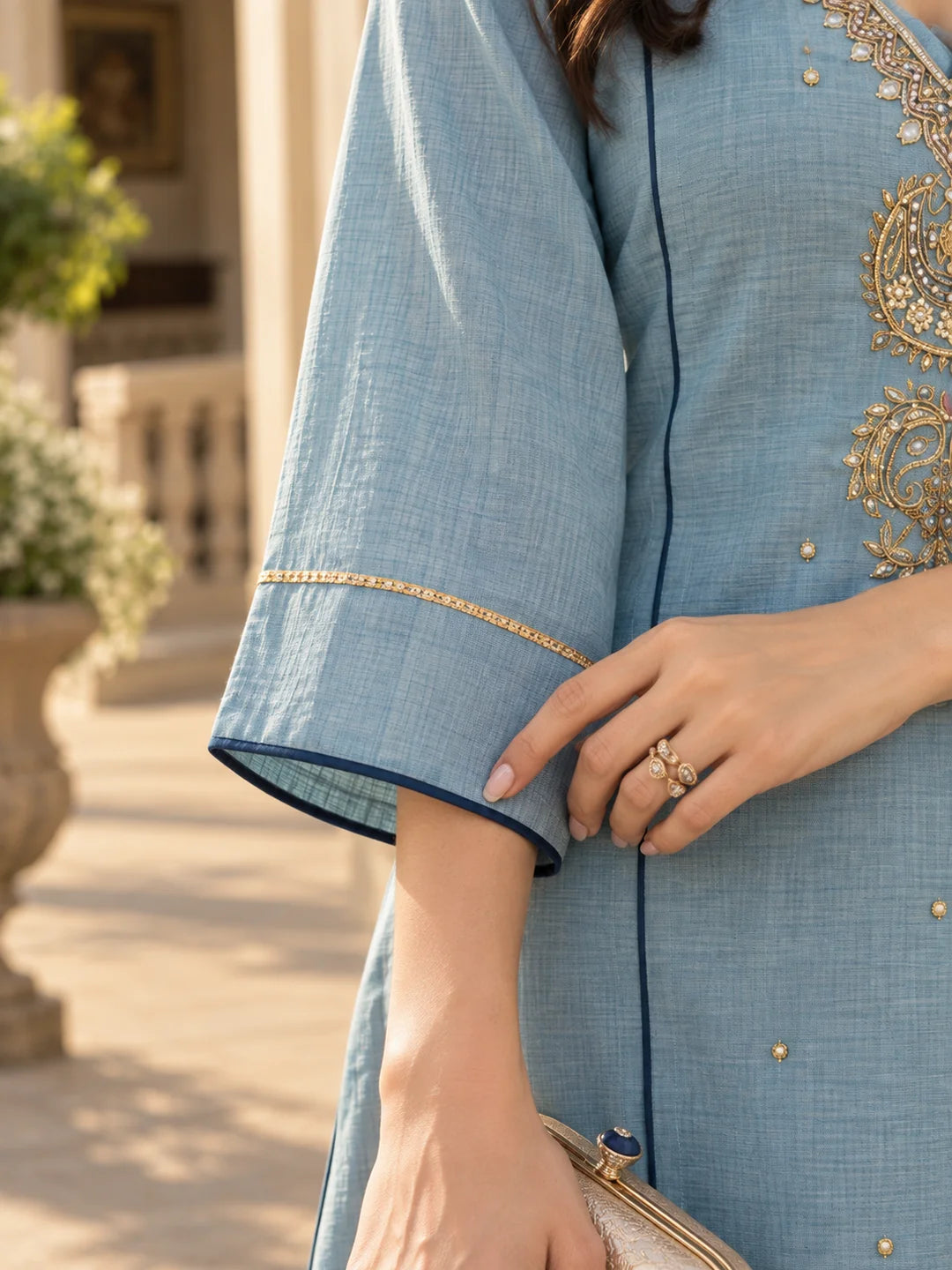 Sky Blue Gota Patti & Sequin Embroidered Co-ord Set in Mul Chanderi