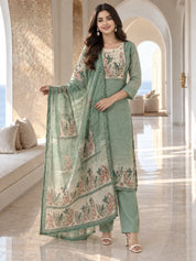 Mint Green Bird & Floral Printed Sequin Kurta Set with Dupatta in Kota Doria