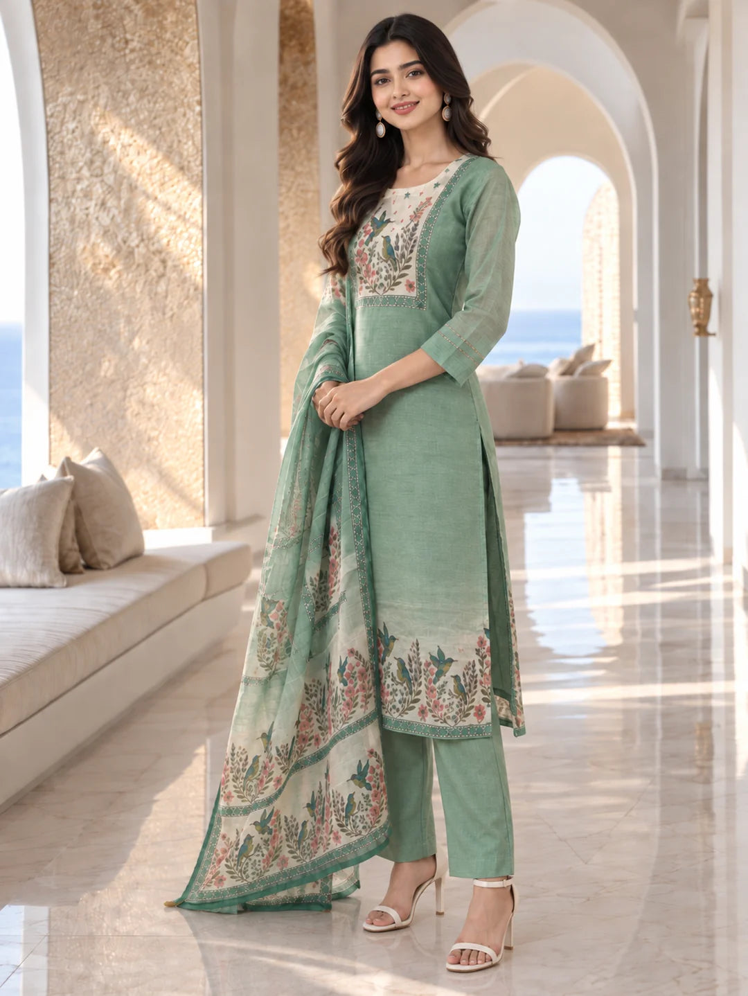 Mint Green Bird & Floral Printed Sequin Kurta Set with Dupatta in Kota Doria