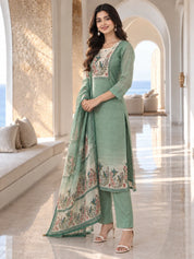 Mint Green Bird & Floral Printed Sequin Kurta Set with Dupatta in Kota Doria