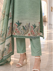 Mint Green Bird & Floral Printed Sequin Kurta Set with Dupatta in Kota Doria