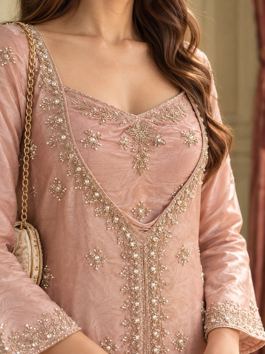 Mauve Pink Sequin Embellished 3 Piece Co-ord Set in Shimmer Tissue
