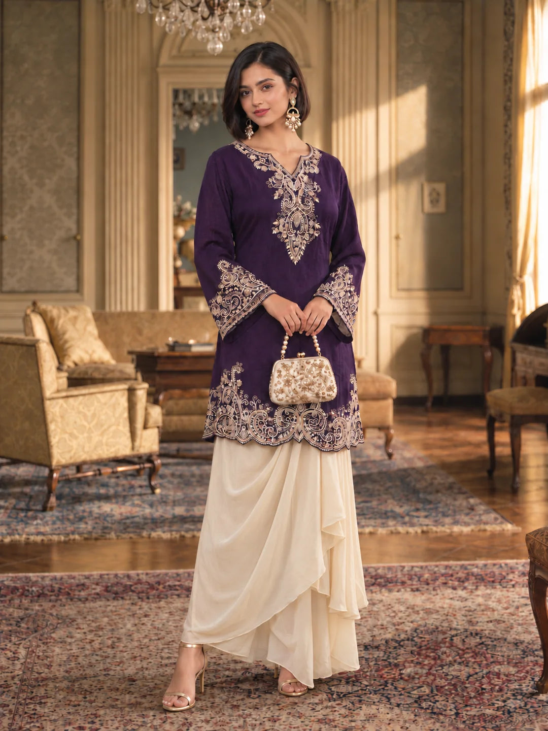 Violet Sequin Embroidered Fusion 2-Piece Set in Chinon