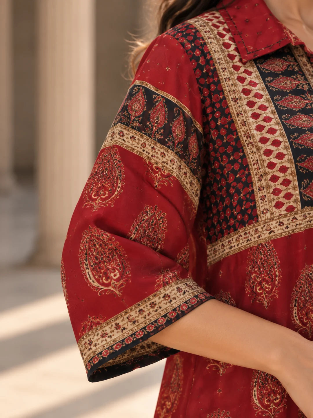 Maroon & Black Embellished Paisley Print Co-Ord Set in Crepe