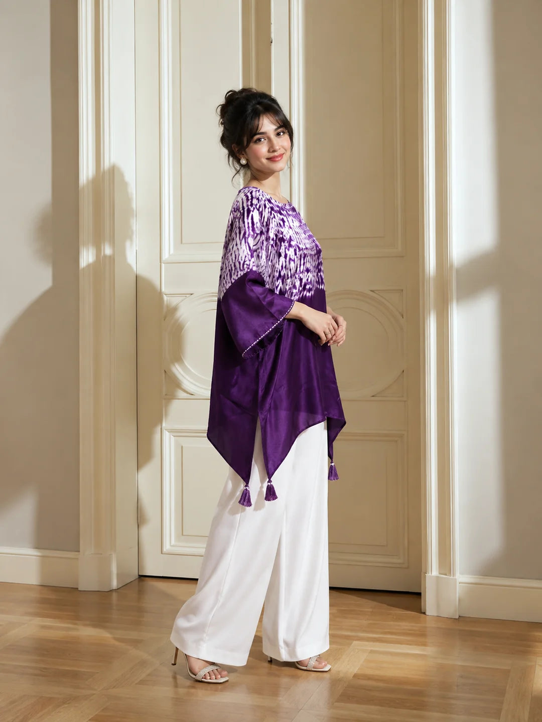 Violet Hand-Dyed Shibori Kaftan Style Tunic in Pure Gajji Silk
