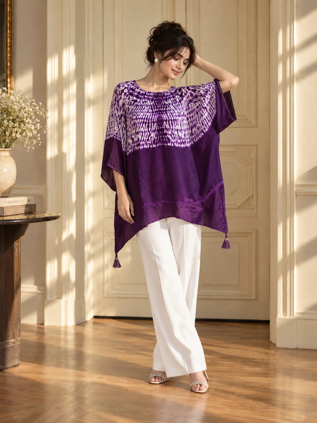 Violet Hand-Dyed Shibori Kaftan Style Tunic in Pure Gajji Silk