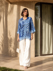 Blue V-Notch Shirt with Embellished Placket & Multiple Patch Print in Crepe