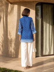 Blue V-Notch Shirt with Embellished Placket & Multiple Patch Print in Crepe