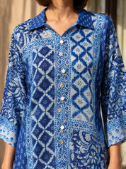 Blue V-Notch Shirt with Embellished Placket & Multiple Patch Print in Crepe