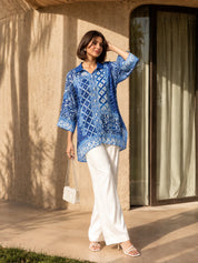 Blue V-Notch Shirt with Embellished Placket & Multiple Patch Print in Crepe