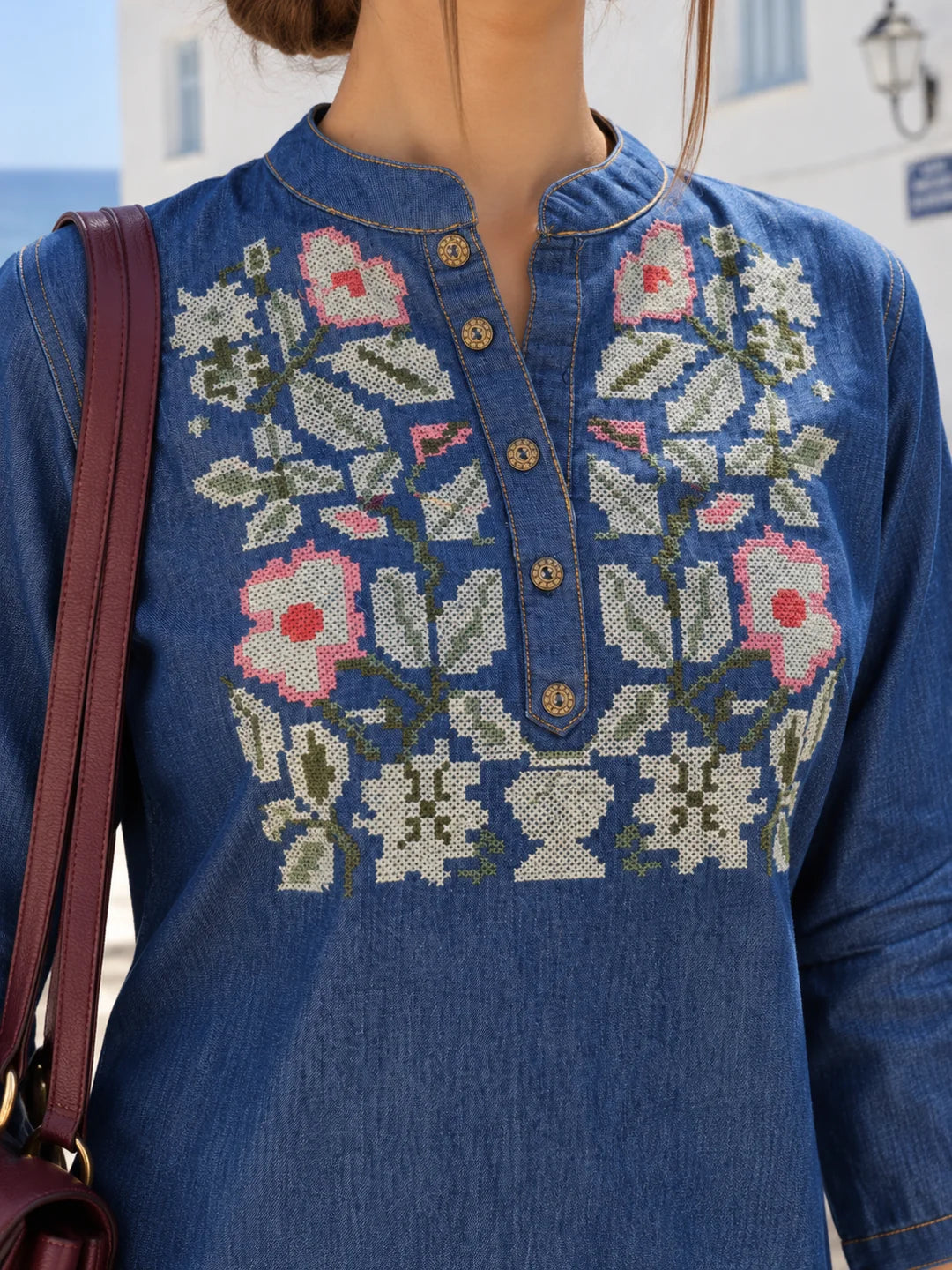 Denim Blue Cross-Stitch Floral Embroidered Tunic in Cotton Denim