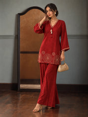 Orange Gold Embroidered Tassel Detail Co-ord Set in Muslin