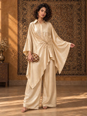 Ivory Floral Cord Embellished Kaftan 2-Piece Set in Tissue Silk