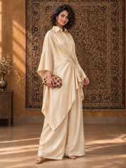 Ivory Floral Cord Embellished Kaftan 2-Piece Set in Tissue Silk