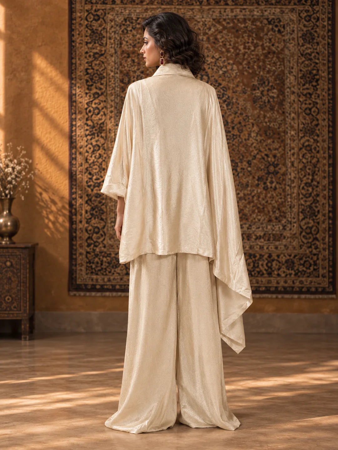 Ivory Floral Cord Embellished Kaftan 2-Piece Set in Tissue Silk