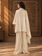 Ivory Floral Cord Embellished Kaftan 2-Piece Set in Tissue Silk