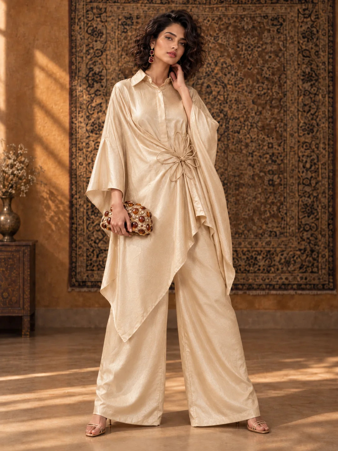 Ivory Floral Cord Embellished Kaftan 2-Piece Set in Tissue Silk