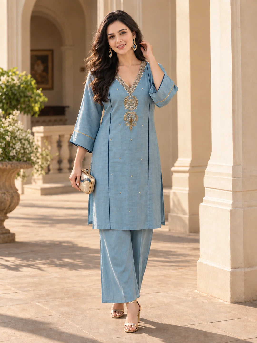 Sky Blue Gota Patti & Sequin Embroidered Co-ord Set in Mul Chanderi