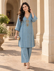 Sky Blue Gota Patti & Sequin Embroidered Co-ord Set in Mul Chanderi