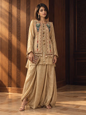 Beige Embroidered Fusion 3-Piece Set in Crush Silk