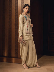 Beige Embroidered Fusion 3-Piece Set in Crush Silk