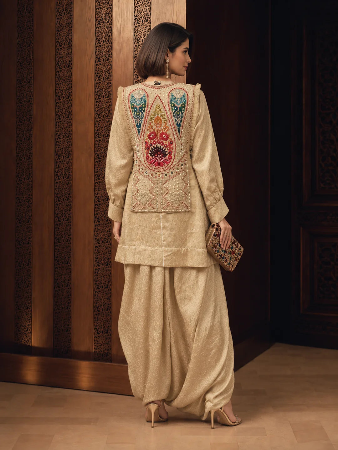 Beige Embroidered Fusion 3-Piece Set in Crush Silk